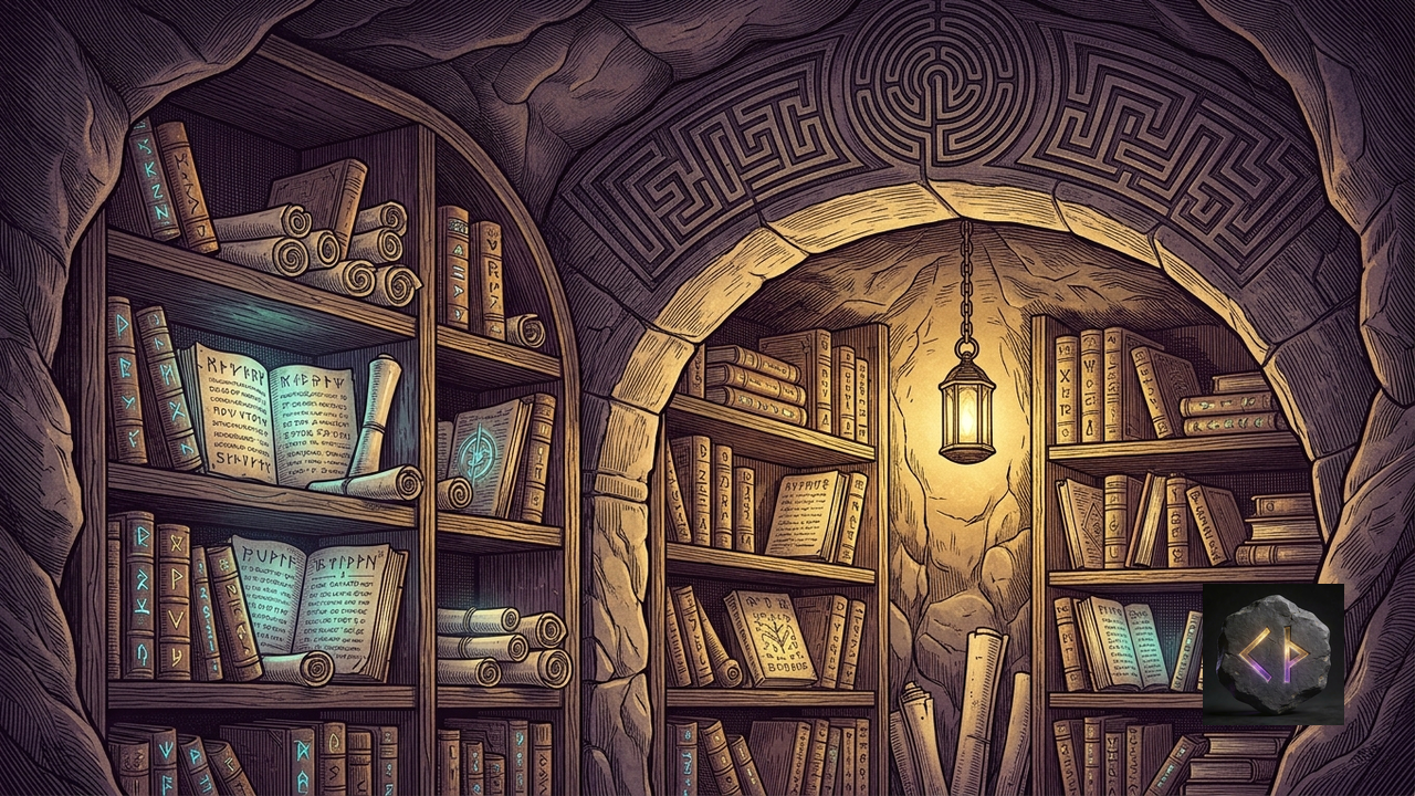 Stone vault with rune-inscribed scrolls and leather-bound tomes on ancient shelves carved into bedrock, lantern light casting gold glow across parchment pages, labyrinth motif above the arched entrance