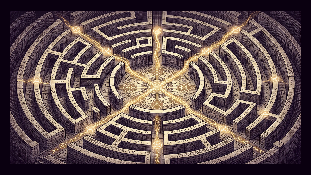 Stone labyrinth viewed from above with golden light flowing through interconnected corridors toward a central chamber, representing the structured journey through a consulting engagement
