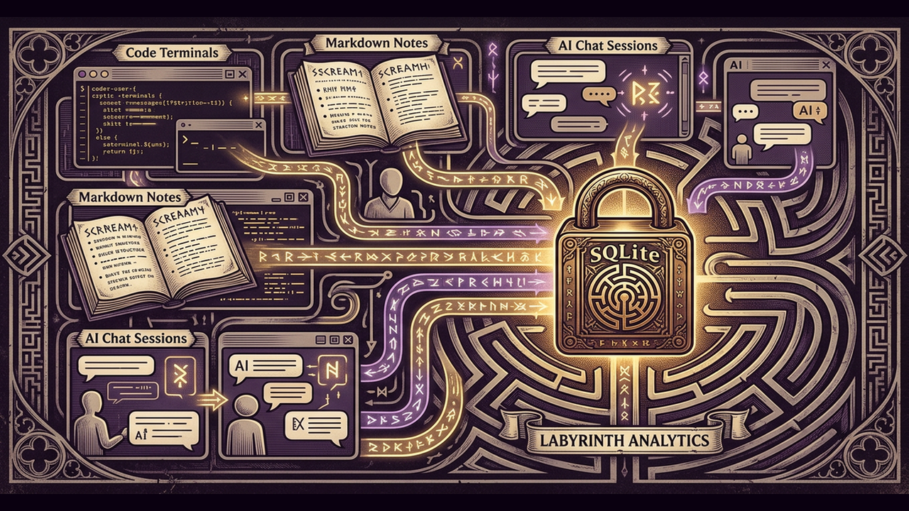 Abstract illustration of a developer workflow showing code terminals, markdown notes, and AI chat sessions connected by glowing data streams flowing into a central SQLite database, on a dark purple background with gold accents
