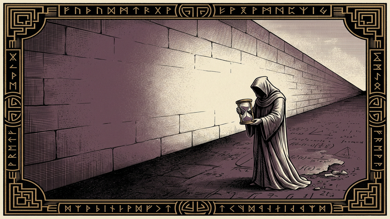 Gothic editorial illustration of a solitary figure standing before a vast blank stone wall, ghost-traces of past work dissolving into shadow behind them, representing the blank-slate cost of AI session context loss