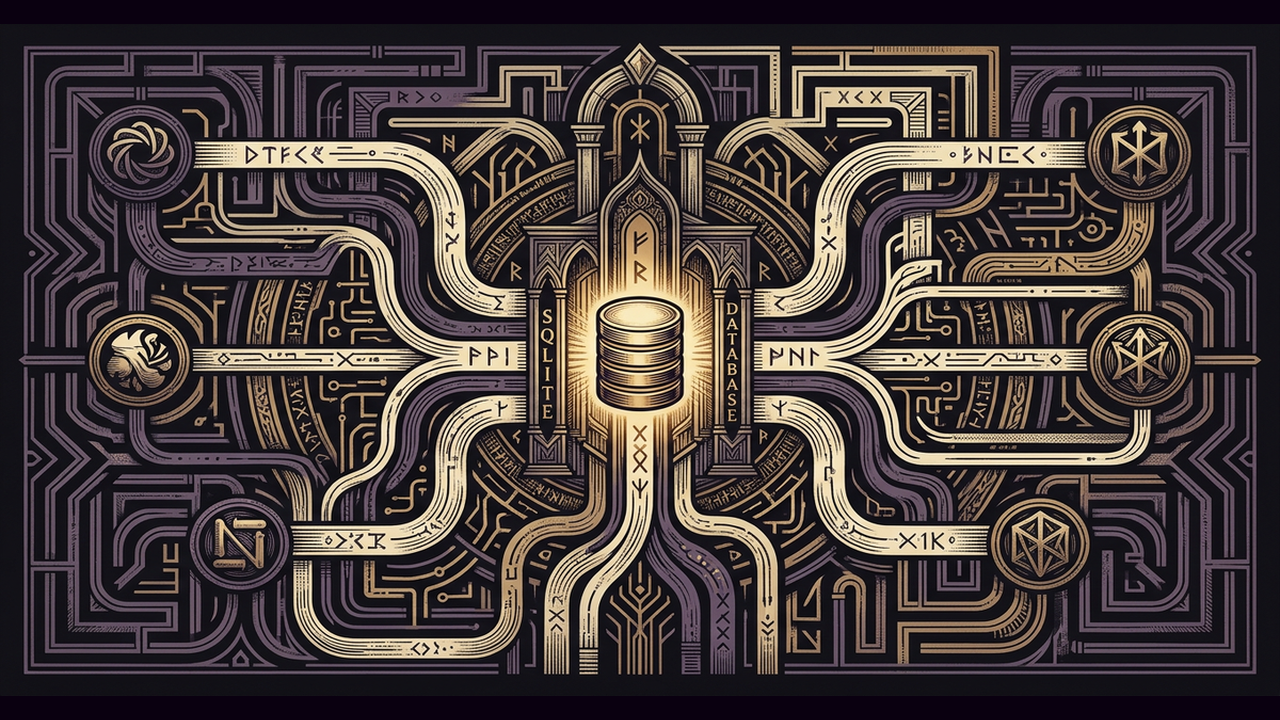 Abstract illustration of five colored agent nodes connected by glowing data streams to a central database hub on a deep purple background, representing autonomous agents coordinating through shared memory